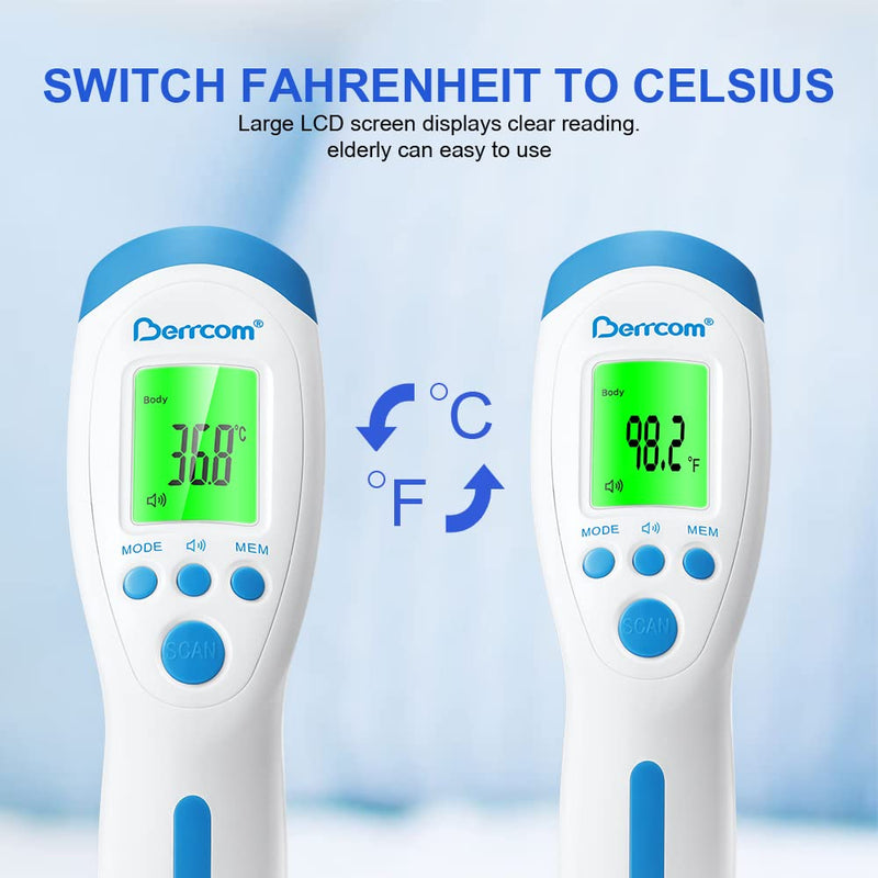 [Australia] - Berrcom Fever Thermometer Contactless Forehead Thermometer for Babies and Adults Infrared Digital Thermometer with Instant Reading, 3 Colors Fever Alarm, °C/°F Switch Fever Thermometer JXB-182 
