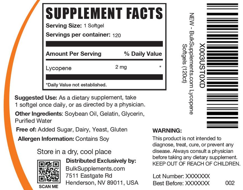 BulkSupplements.com Lycopene Softgels - Lycopene Supplement, Antioxidants Supplement - 1 Softgel per Serving (2mg), 120-Day Supply, 120 Softgels (Pack of 1) 120 Count (Pack of 1)