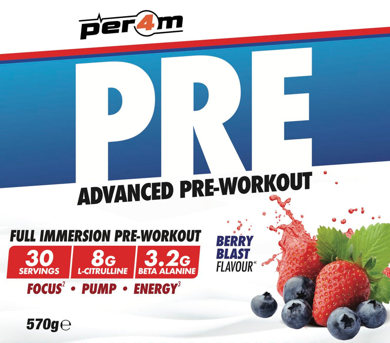 Per4m Pre Workout Powder | Intense Pump, Sustained Energy & Mental Focus | L-Citrulline, Beta Alanine & Caffeine & Added Hydration (570g, Berry Blast)