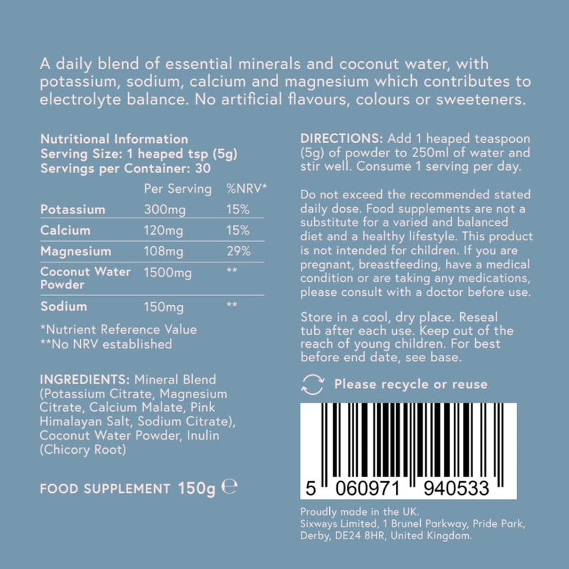 Sixways Daily Hydration Electrolytes, Unflavoured, 30 Servings with Coconut Water, Pink Himalayan Salt, Magnesium, Potassium, Prebiotic Inulin, Sugar-Free Hydration Powder (150g)