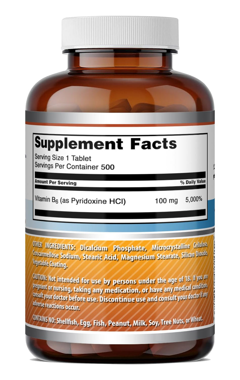 Amazing Formulas Vitamin B6 Supplement | 100 Mg per Serving | Tablets | Non-GMO | Gluten-Free | Made in USA (1 Pack, 500 Count) Unflavored