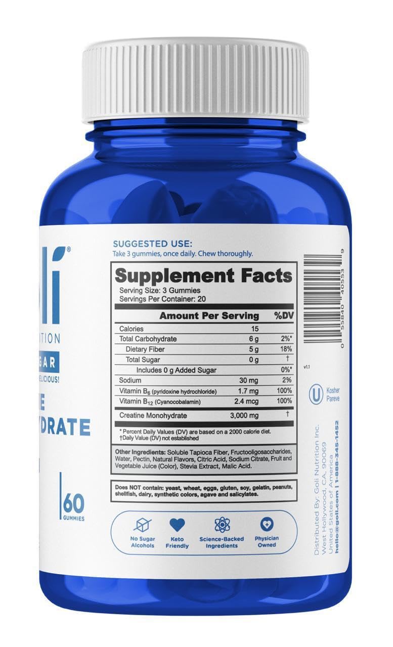Goli Zero Sugar Creatine Gummies - Keto-Friendly, Rich in Fiber, No Sugar Alcohols, No Artificial Sweeteners, Gluten-Free, Vegan, Non-GMO, and Gelatin-Free, 60 Gummies