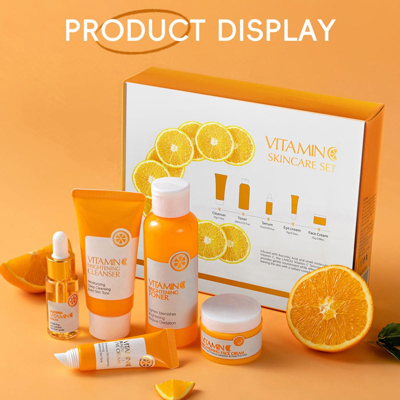 5PCS Vitamin C Skincare Set, Complete Face Care Kit with Cleanser, Toner, Serum, Eye Cream and Face Cream, Moisturizing Anti-Aging Skin