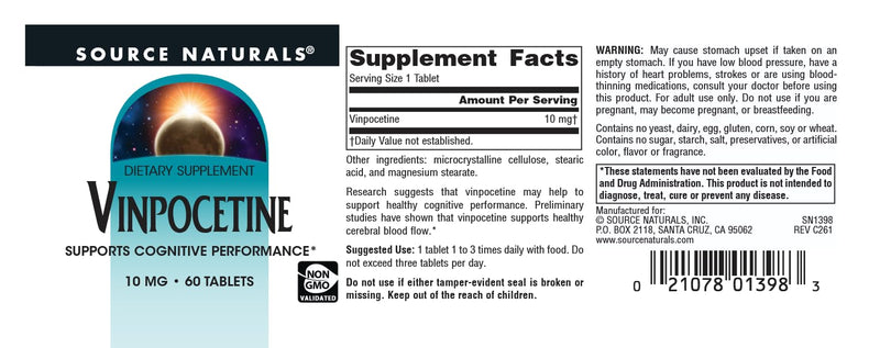 Source Naturals Vinpocetine Tablets, 10 mg - 60 Tablets | Non-GMO Validated | Supports Cognitive Performance*