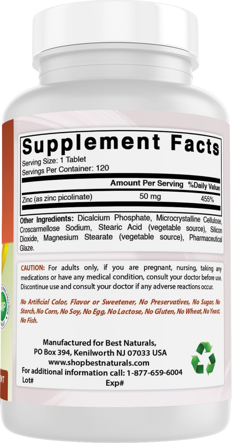 Best Naturals Zinc 50mg Supplements (as Zinc Picolinate) - Vitamins for Adults Immune Support - 120 Tablets (120 Count (Pack of 1)) 120 Count (Pack of 1)