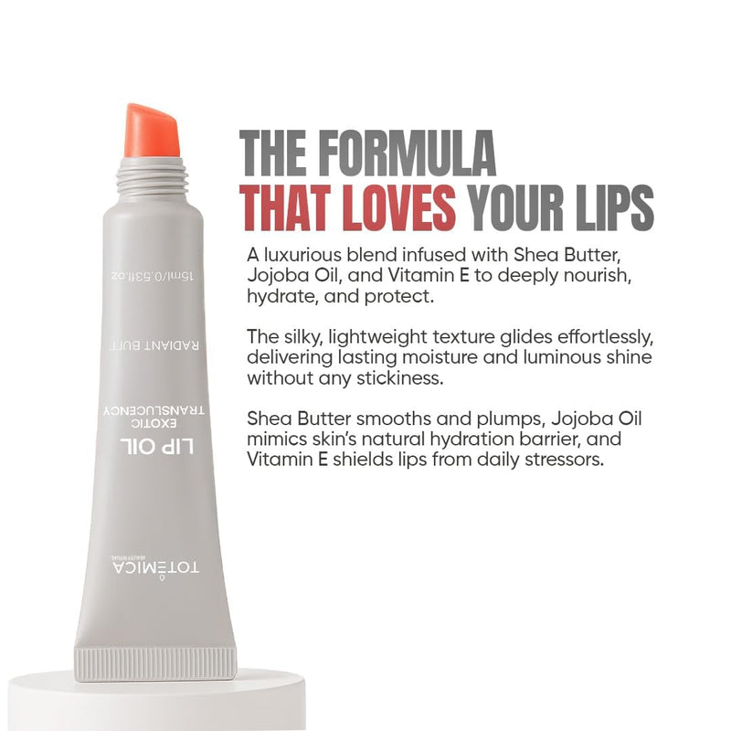 TOTEMICA Lip Oil, Non-Sticky, Shea Butter, Jojoba | Radiant Buff with Charm | Inspired by Ana Patricia, luminous translucent tint, weightless, top coat for lip liners Lip + Charm