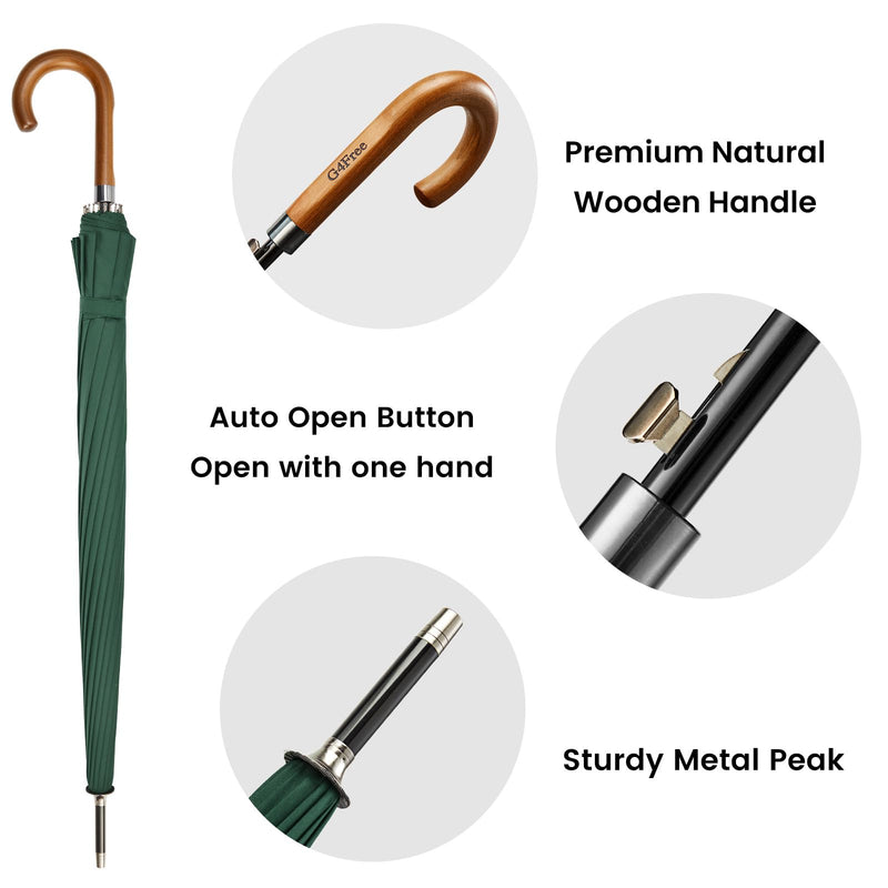 G4Free 54 Inch Large Umbrella for Rain Auto Open Golf Umbrella for 2 People | 16 Ribs Strong Windproof, Heavy Duty Stick Umbrella, Classic Wooden J Handle, Carrying Case，Travel & Golf for Men Women Dark Green