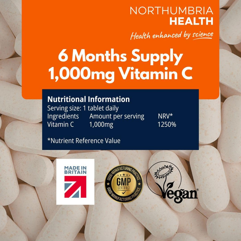 Vitamin C 1000mg – 180 Vegan Tablets (6-Month Supply) – High Strength Immune & Collagen Support – Made in UK – GMO & Gluten Free 180 count (Pack of 1)