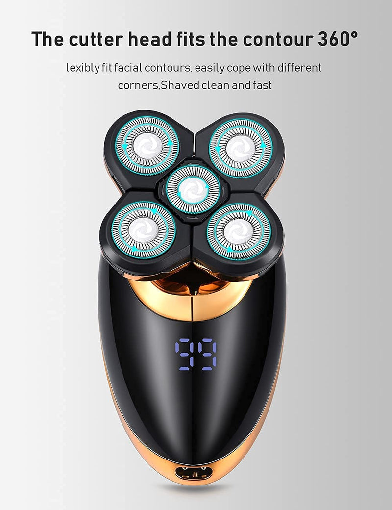 [Australia] - Electric Shavers for Men - 5 in 1 Bald Head Shavers for Men, 5D Floating Cordless USB Rechargeable Rotary Razor Multifunctional Grooming Kit Beard Trimmer Waterproof Wet and Dry with LED Display Gold 5d 