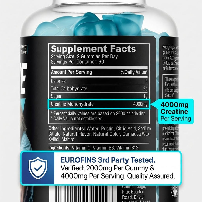 Creatine Gummies 4000mg | 120 Mixed Berry Flavoured Gummies | Creatine Monohydrate Supplement for Muscle Strength & Performance | Vegan-Friendly | 60 Days Supply 1 count (Pack of 120)