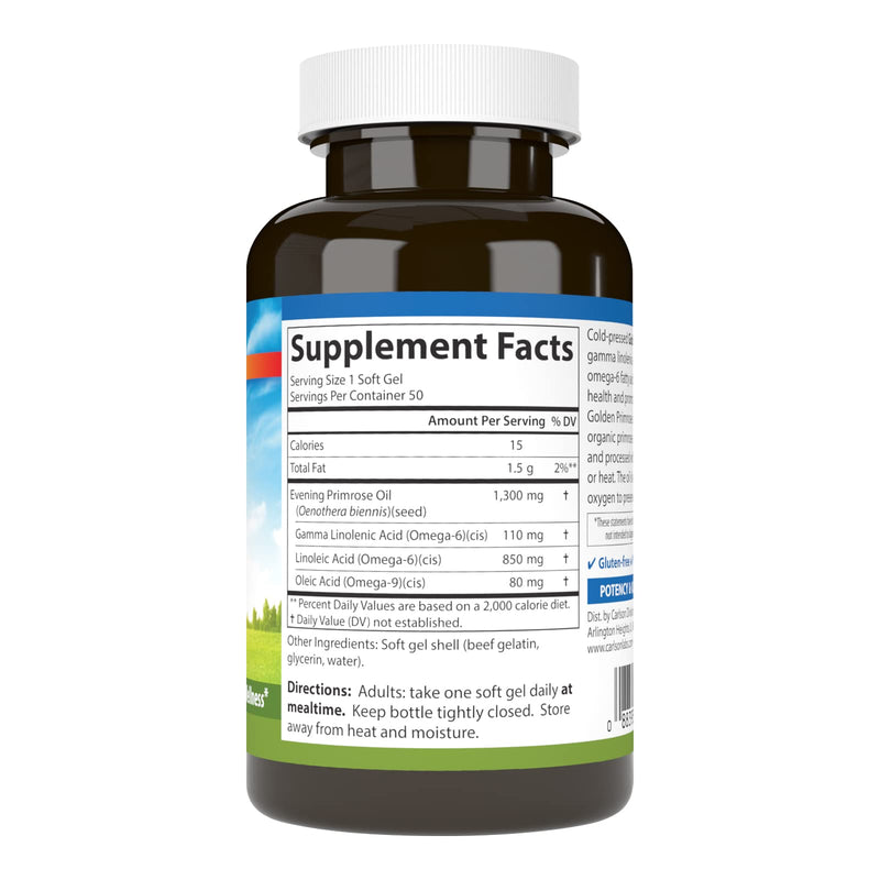[Australia] - Carlson - Golden Primrose, 1300 mg Evening Primrose Oil, Cold-Pressed, Healthy Skin, Women's Health & Optimal Wellness, 50 Softgels 