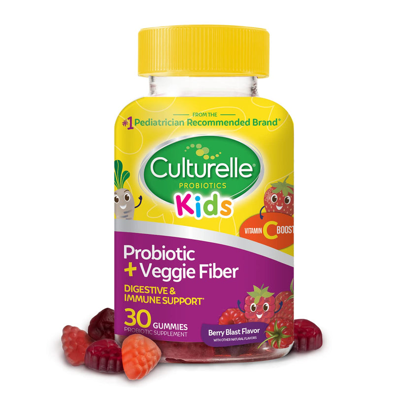 Culturelle Daily Probiotic for Kids + Veggie Fiber Gummies (Ages 3+) 30 Count Berry Flavor - Probiotics for Digestive Health & Immune Support Plus Vitamin C Kids Boost Berry Blast 30 Count (Pack of 1)