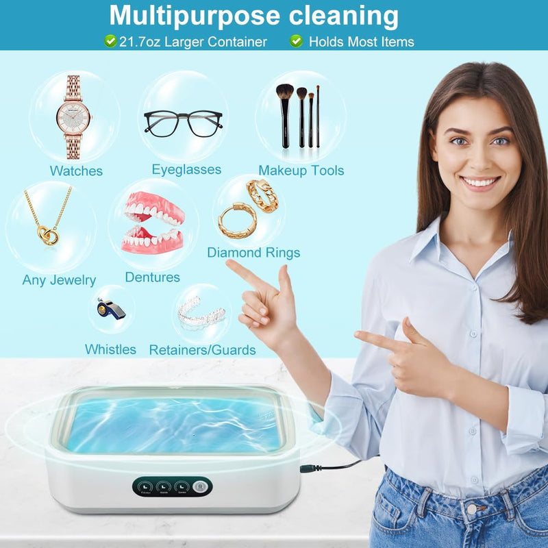 [Australia] - Ultrasonic Retainer Cleaner for Tooth，50KHz Jewelry Cleaner Deep Cleaning Machine -650ML Dental Cleaning Pod for Dentures/Mouth Guards/Eyeglasses-3 Timers -Stainless Steel, Reliable Use 