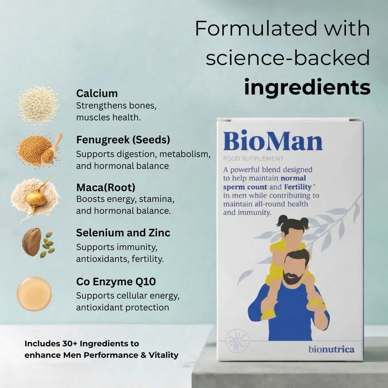 BioMan: Support Men Fertility, Sperm Quality, Testosterone Balance, Stamina & Overall Health | MacaRoot 1500mg, Coq10 100mg, Grapeseed 500mg, Zinc15mg, Fenugreek 150mg (60 TABS (1 Month Supply)) 60 count (Pack of 1)