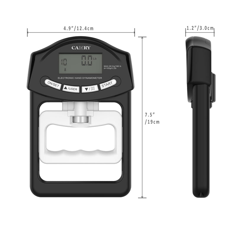 [Australia] - CAMRY Digital Hand Dynamometer Grip Strength Gauge Automatic Electronic Hand Grip Strength Capture 198lbs/90kg Black and White Black and White 