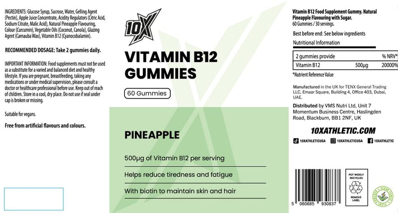 Vitamin B12 Gummies – Pineapple Flavour | Vegan B12 for Energy, Focus & Mental Clarity | Energy Metabolism | Immune Support | Fatigue Relief | Vitamins for Men & Women | 60 Gummies