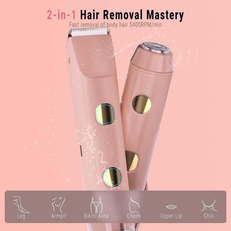 [Australia] - 2-in-1 Bikini Trimmer for Women, Bikini Shaver with Dual Heads, Body and Facial Hair Removal, Cordless Rechargeable Electric Razors for Face Chin Pubic Underarm Legs, IPX7 Waterproof, Light Pink 