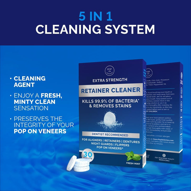[Australia] - Retainer Cleaning Bundle by Pop On - 30 Retainer Cleaner Tablets, 1 Aligner Cleaner Fresh Foam, 1 Soft Bristle Toothbrush, 1 Mirror Case for Mouth Guards, Night Guards, Invisalign, Veneers, Dentures 