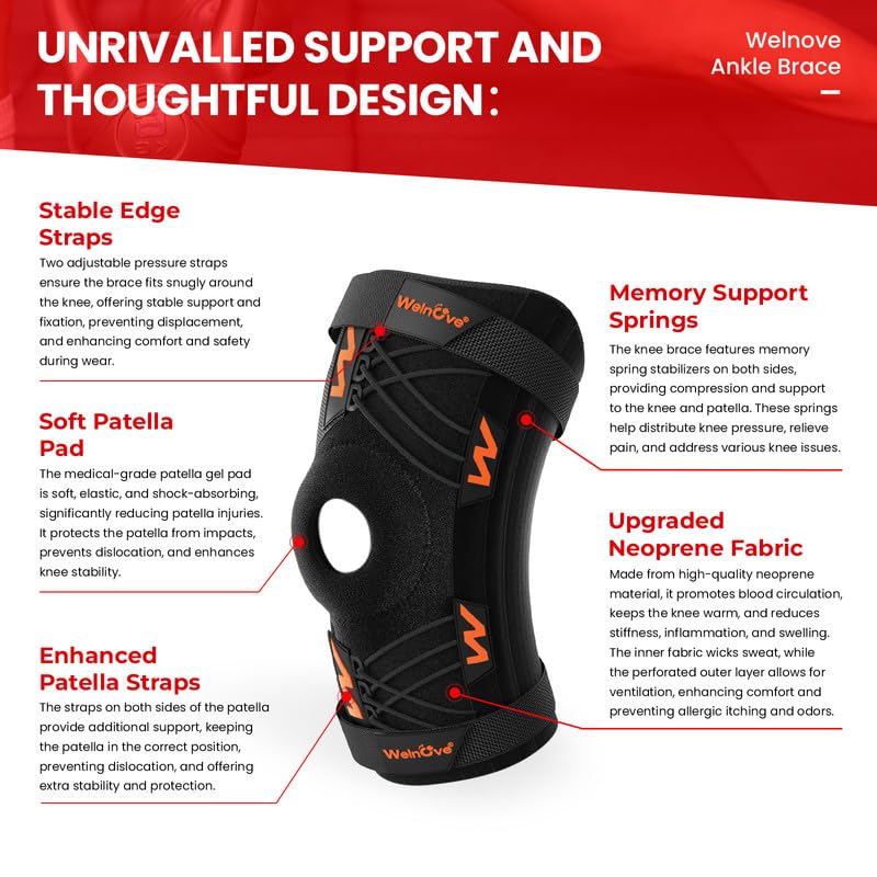 Welnove Professional Knee Brace Support with Pads & Side Stabilizers for Pain Relief, Adjustable Compression for Meniscus Tear, Arthritis, MCL - Ideal for Running, Working Out, and Sports（Medium） Medium Orange