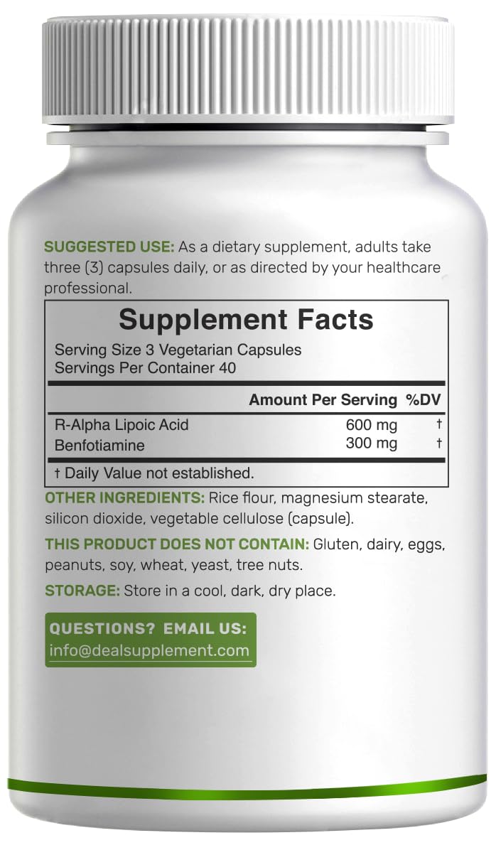[Australia] - DEAL SUPPLEMENT R Alpha Lipoic Acid 600mg with Benfotiamine 300mg Per Serving, 120 Veggie Capsules ‚Äì 200mg R-ALA Per Capsule ‚Äì Antioxidant Supplement for Energy & Nervous System Support 