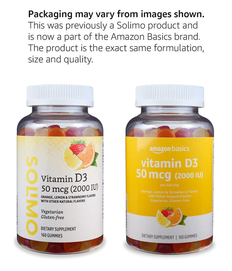 Amazon Basics Vitamin D3 2000 IU Gummies, Orange, Lemon & Strawberry, 160 Count (2 per Serving) (Previously Solimo) 160 Count (Pack of 1)