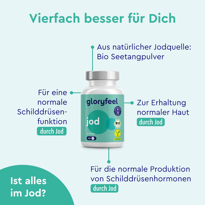 [Australia] - Iodine from organic kelp - 225µg high dose iodine - 365 tablets - Certified organic quality - 100% natural iodine from brown algae - Thyroid function + hormones - Vegan & laboratory tested 