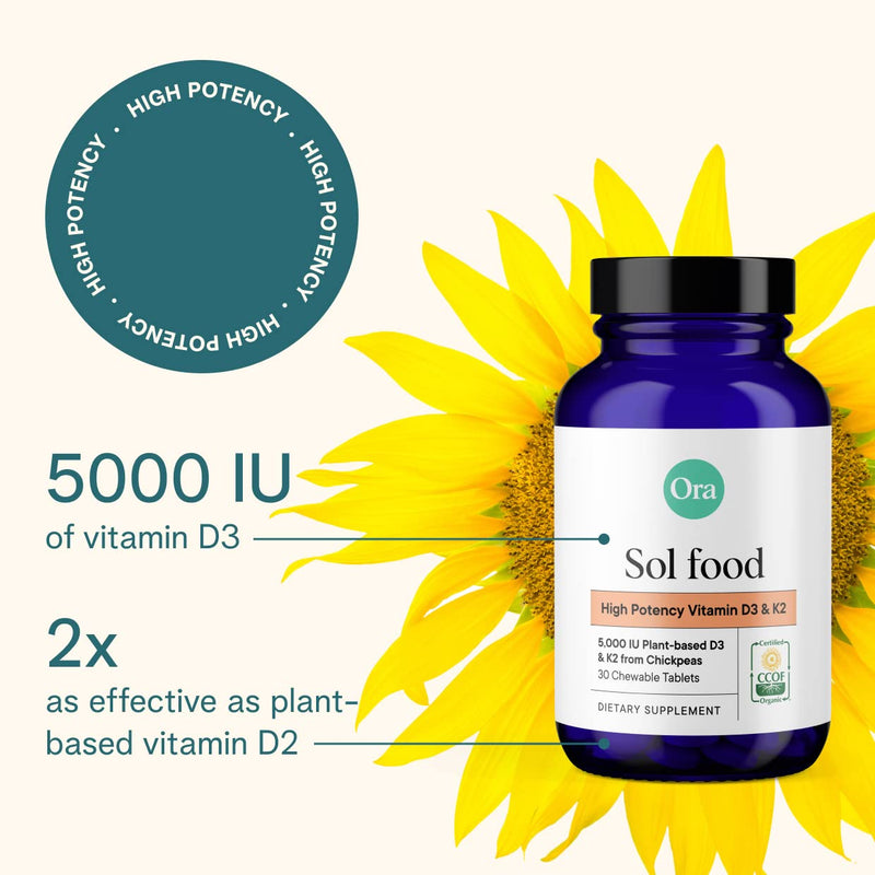 Ora Organic Vitamin D3 5000IU + K2 & Vitamin D3 2000IU Bundle: Vegan Vitamin D from Lichen and K2 from Chickpeas, 30 Chewable Tablets + Vegan Vitamin D from Lichen for Bone Health, 30 Vegan Tablets