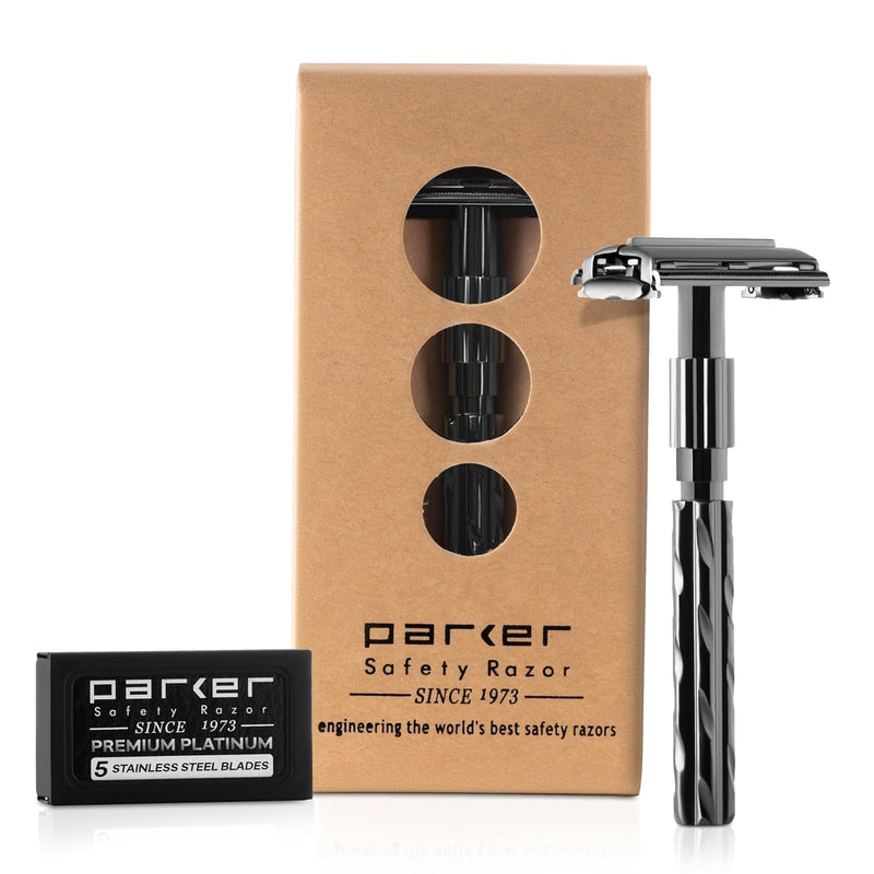 Parker 22R Long Handle Safety Razor – Gunmetal Twist-to-Open Butterfly Design, Heavyweight Brass Frame with Knurled Grip | Includes 5 Platinum Double Edge Blades | Iconic Brandd