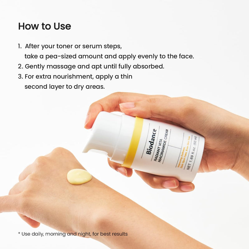 BIODANCE Radiant Vita Niacinamide Cream, Brightening, Dark Spot Correcting, Hydrating Facial Moisturizer with Vitamin C, B12, Korean Skin Care, Self Care Gifts for Women | 1.69 fl.oz, 50ml 1.69 Fl Oz (Pack of 1)