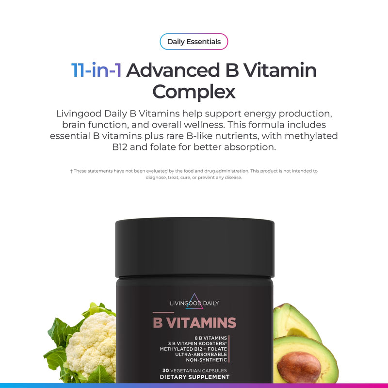 Livingood Daily Vitamin B Complex Supplement for Men and Women, 30 Capsules | 11-in-1 Non-Synthetic B Vitamins, Methylated B12, Folate, B1 B2 B3 B5 B6, Biotin, Choline, Inositol, PABA, Vegan, Made in USA