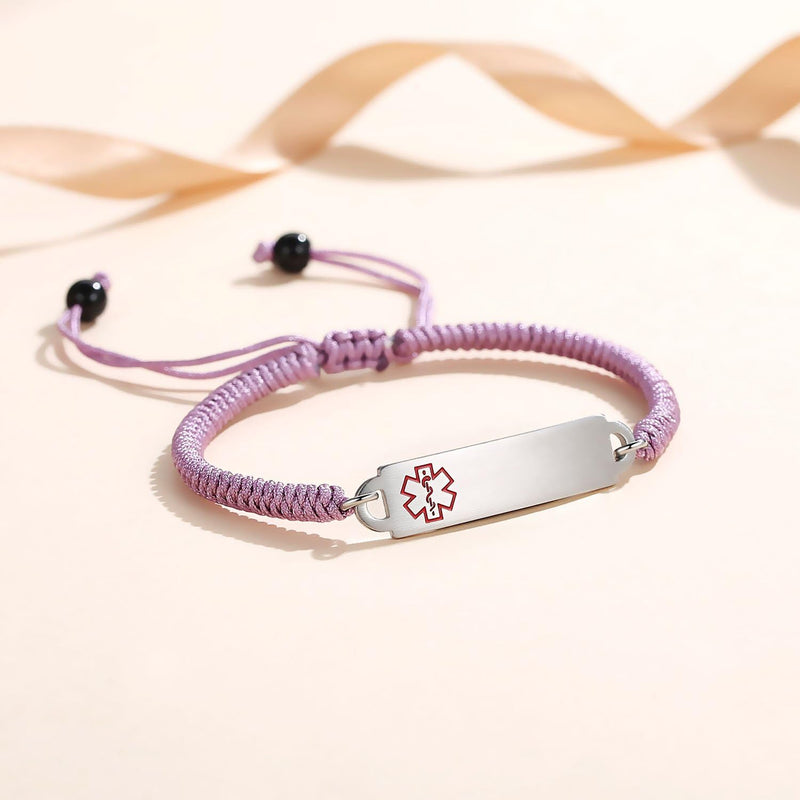 [Australia] - Medical Alert Bracelets for Women Adjustable Personalized Free Engrave Medical ID Bracelets 6.5-8 Inch ROPE-PURPLE epilepsy 