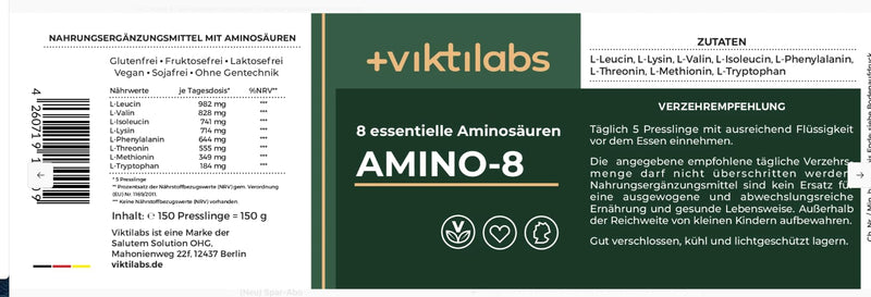 [Australia] - VIKTILABS - AMINO 8 [NEW] | High-dose amino acid complex - 998mg per pellet | EAA Vegan | All 8 essential amino acids (L-Tryptophan, l-Lysine...) | 150 tablets | 100% Natural 150 pieces (pack of 1) 