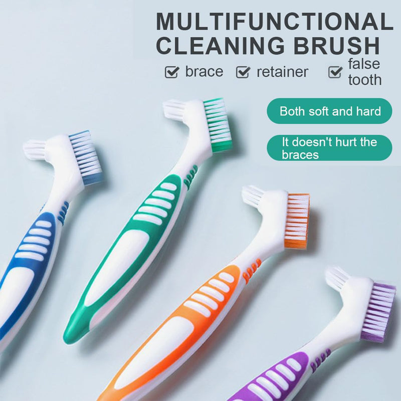 [Australia] - Pack of 4 portable denture cleaning brushes with moderate multi-layer bristles, portable double-sided denture brush for denture care 