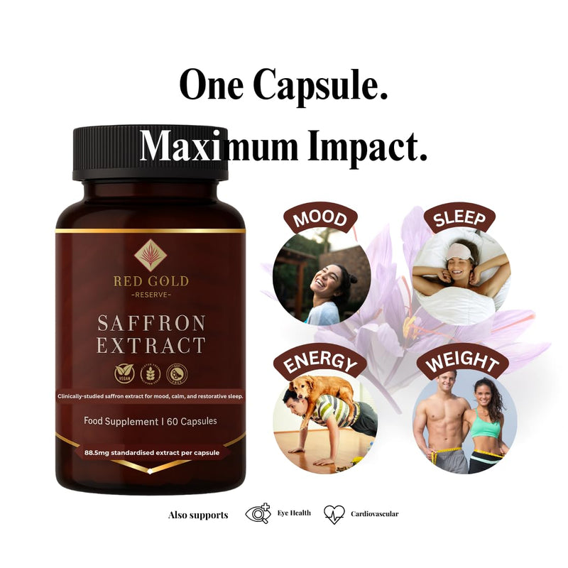 Red Gold Reserve Pure Saffron Extract Supplement | RedGold88™ | 88.5 mg | 60 Capsules (2-Month Supply) | Mood Support, Mental Clarity & Relaxation | Premium Herbal Supplement (1) 1