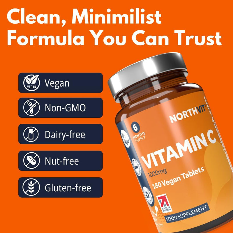Vitamin C 1000mg – 180 Vegan Tablets (6-Month Supply) – High Strength Immune & Collagen Support – Made in UK – GMO & Gluten Free 180 count (Pack of 1)