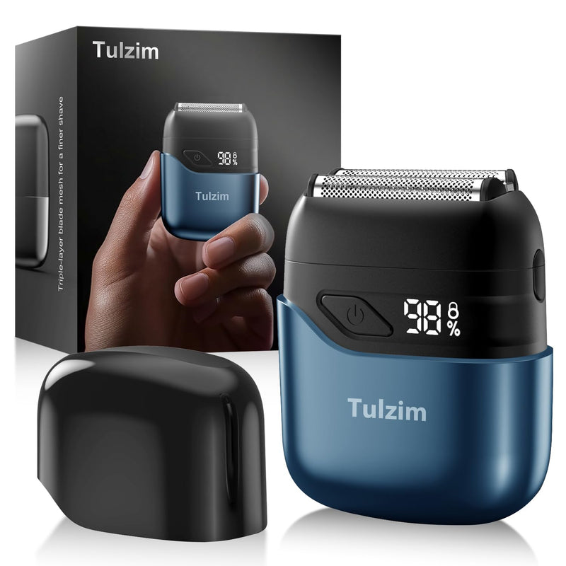 Electric Foil Shaver for Men: Portable Electric Razor for Beard/Face - 3 Floating Blade LED Display USB-C Fast Rechargeable - IPX7 Waterproof for Travel & Home - Blue