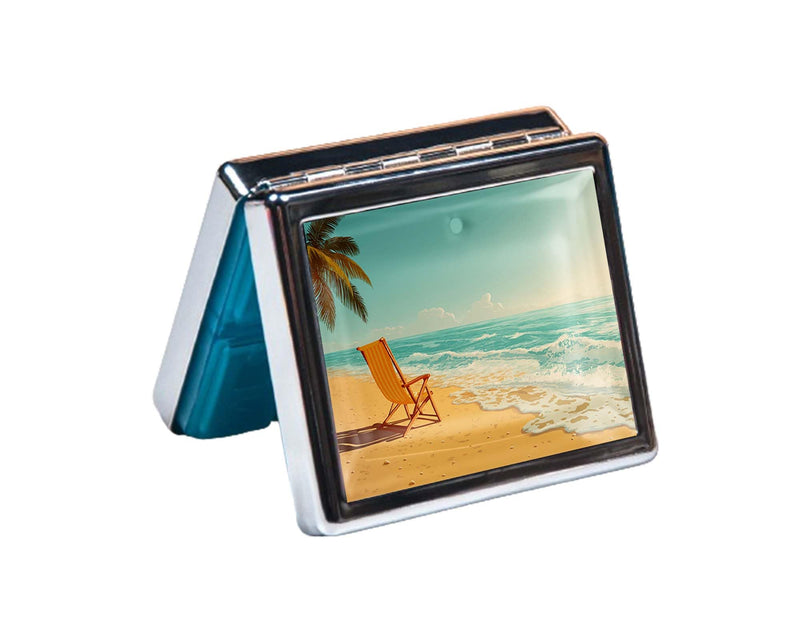 7 Days Chromed Shiny Silver Pill Organizer with Mirror Inside Has 8 Separate Compartments Rectangle,Versatile Storage for Medication - Ideal Travel Accessory (By the Beach) By the Beach