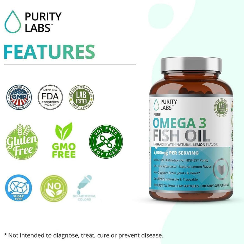 [Australia] - Purity Labs Omega 3 Fish Oil 3000mg – DHA & EPA Omega 3 Fatty Acid Supplements to support Heart and Brain Health - Immune Support Supplement - 180 Softgels (60 Servings) 1 