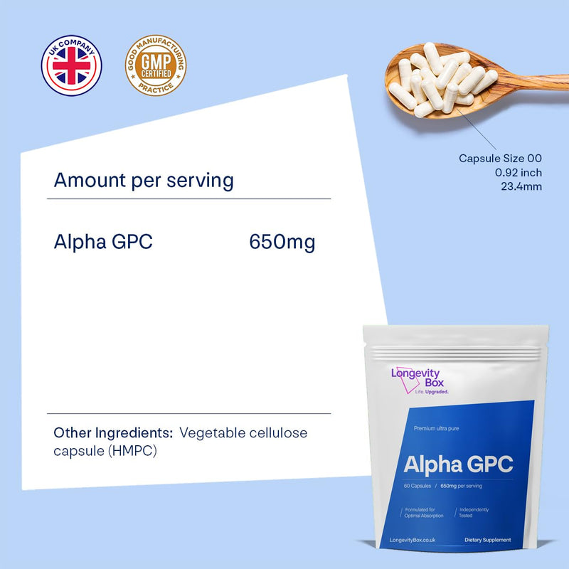 Alpha GPC 650mg – High-Potency Nootropic for Focus, Memory & Mental Energy – 99% Pure Choline – 60 Capsules, Gluten-Free, Tested 60 count (Pack of 1)