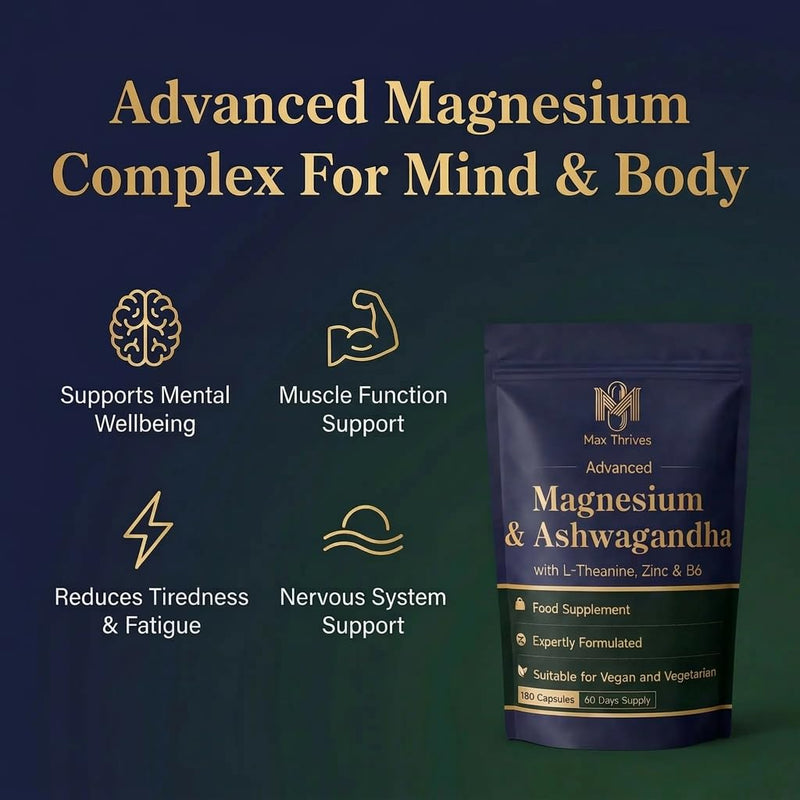 Magnesium Glycinate 5 in 1 Complex - Magnesium Supplement with Ashwagandha, L-Theanine, Zinc & Vitamin B6 – 180 Vegan Capsules – High Strength Magnesium Complex - Muscle Function & Nervous System
