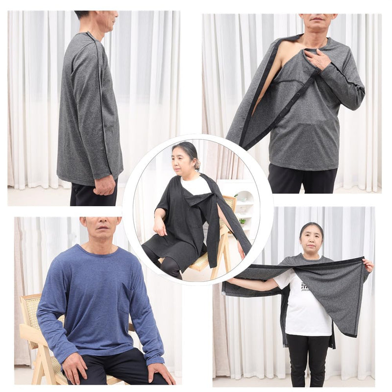[Australia] - Unisex Bedridden Patient Clothing,Disability Clothing with Fully Open on Both Sides,Patient Nursing Long Sleeves,for Home Care,Post Surgery,Elderly(Man,Grey,M) Gray Medium 