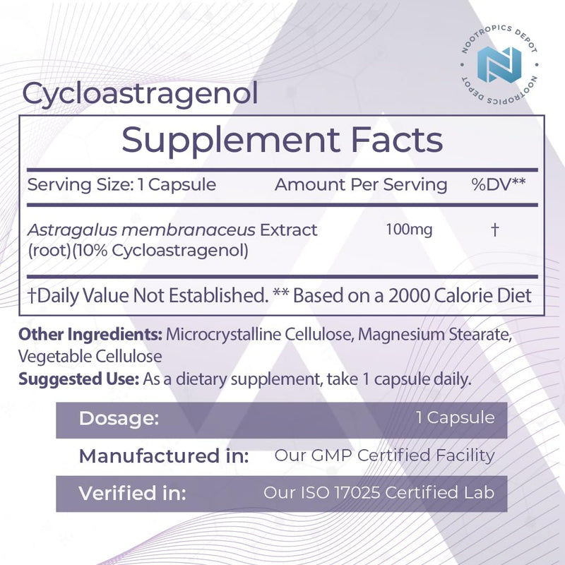 [Australia] - Nootropics Depot Cycloastragenol 10% Capsules | 100mg | 30 Count | Astragalus membranaceus | Cellular Health, Immune Support, Lengthens Telomeres 30 Count (Pack of 1) 