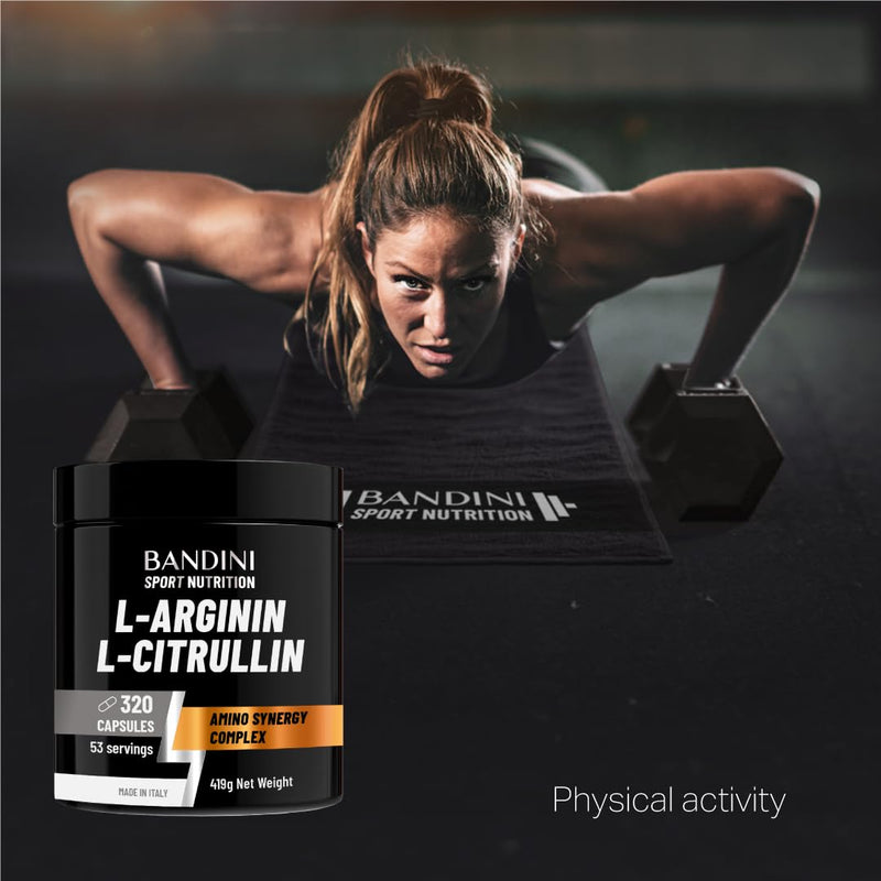 Bandini® L-Arginine + L-Citrulline 320 Capsules (1100 mg per Capsule), Arginine + Citrulline Malate Complex High Strength for Pre-Workout, Gym, Endurance, Muscle Recovery, Semi-Essential Amino Acids