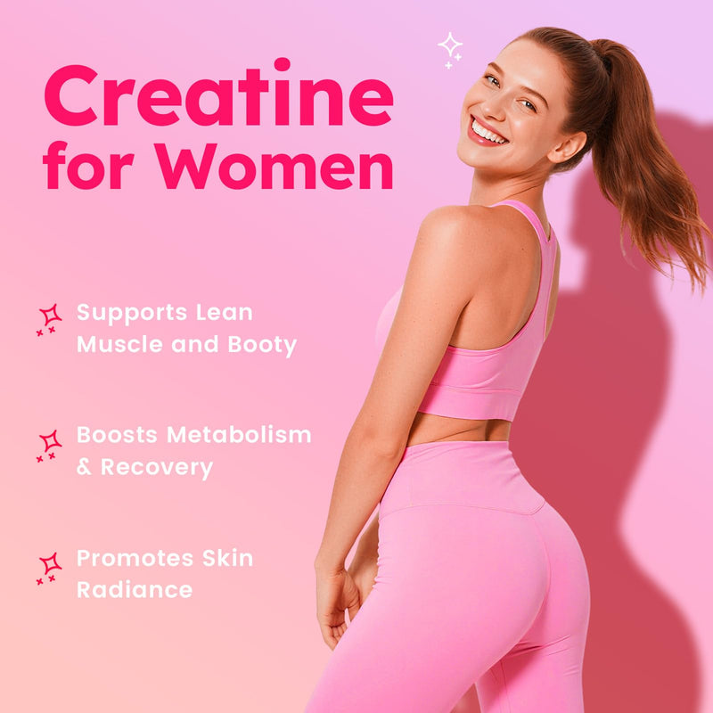 Creatine for Women + Collagen + BCAAs + Vitamin C & B12, 120 Sugar Free Creatine Gummies for Women, Creatine Monohydrate Gummies Pre Workout for Booty, Energy & Strength, Strawberry-Lemon Flavor