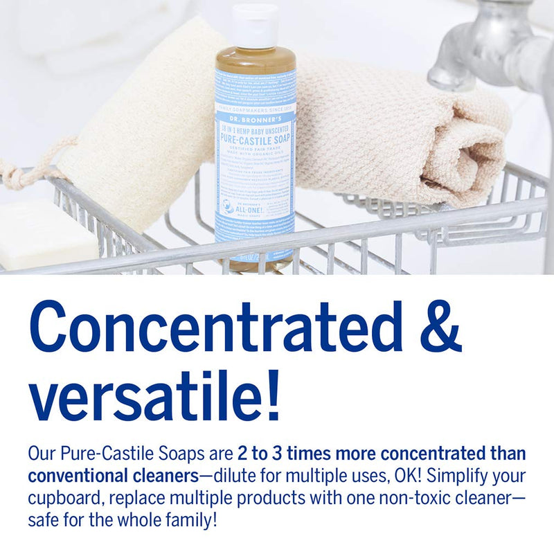 [Australia] - Dr. Bronner's - Pure-Castile Liquid Soap (Baby Unscented, 8 Ounce) - Made with Organic Oils, 18-in-1 Uses: Face, Hair, Laundry, Dishes, For Sensitive Skin, Babies, No Added Fragrance, Vegan, Non-GMO 8 oz 