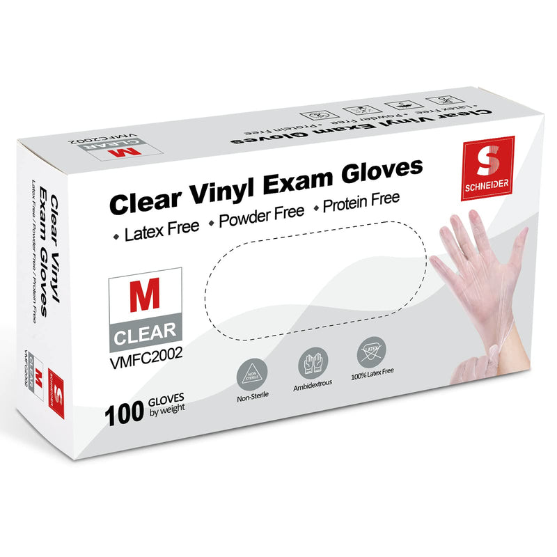 [Australia] - Schneider Clear Vinyl Exam Gloves, Latex-Free, Disposable Medical Gloves, Cleaning Gloves, Food Safe, Powder-Free, 4 mil Medium (Pack of 100) 
