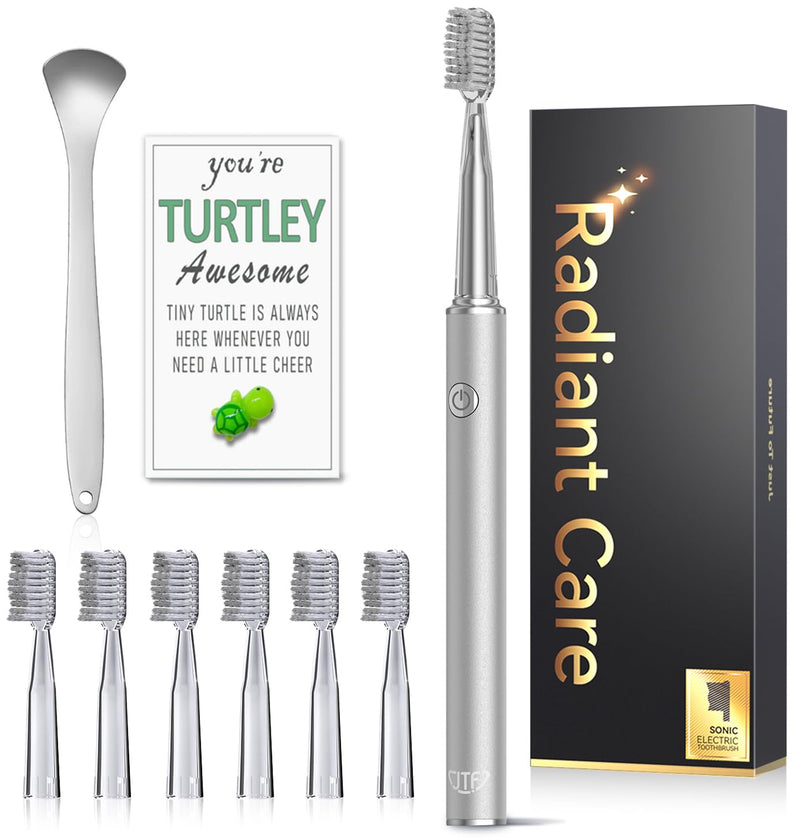 JTF Sonic Electric Toothbrush for Adults: 6 Brush Heads, 3 Brushing Modes, 2-Min Smart Timer, IPX7 Waterproof and Tongue Scraper, Deep Cleaning & Whitening, Rechargeable Toothbrush for Teeth & Braces Silver