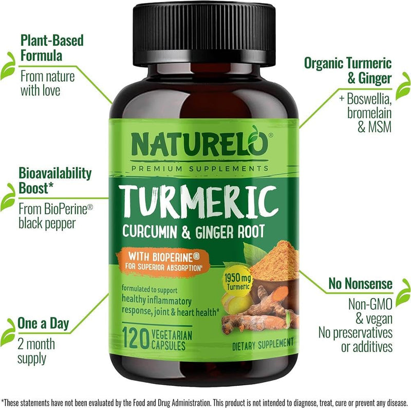 NATURELO Turmeric - Curcumin & Ginger Root with Black Pepper for Better Absorption - 95% Curcuminoids - Pure Nutrient-Rich Blend with No Fillers - 120 Vegan Capsules | 4 Month Supply