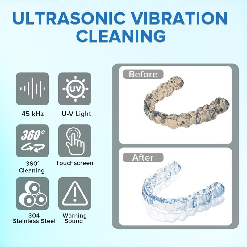 [Australia] - Ultrasonic Retainer Cleaner 45kHz Dental Cleaning Machine With 6 U/V Lights Adjustable Buzzer Alarm 200ML Capacity Black 