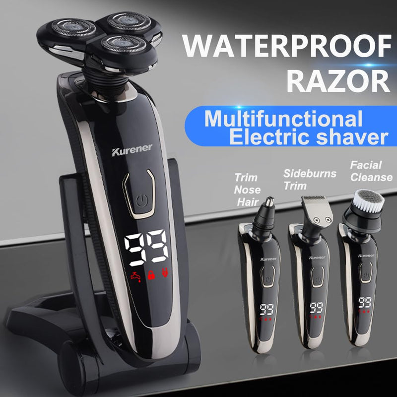[Australia] - Electric Razor for Men Shaver Rechargeable Waterproof Rotary for Shaving with Nose Trimmer Sideburns Trimmer Face Cleaning Brush 